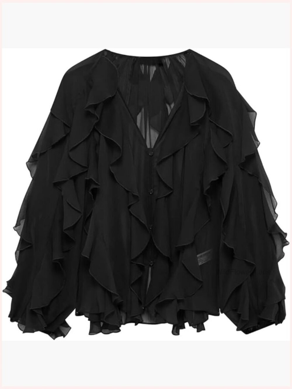 Ruffle Chiffon Blouse Semi Sheer V Neck Long Sleeve Button Down Oversized Top